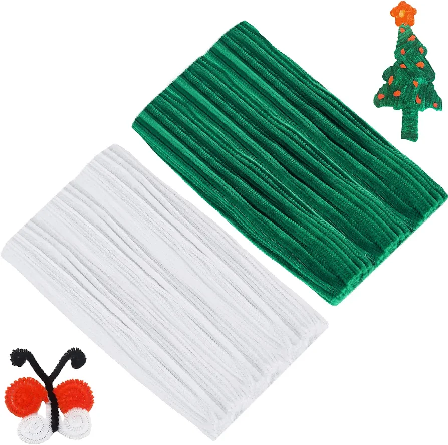 Cuttte Pipe Cleaners Craft Supplies - 100pcs Dark Green Pipe Cleaners Craft and 100pcs White Pipe Cleaners, Craft Kids DIY Art Supplies, Pipe Cleaner Chenille Stems