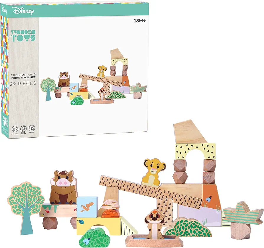 Just Play Disney Wooden Toys The Lion King Pride Rock Building Blocks Set, Officially Licensed Kids Toys for Ages 18 Month