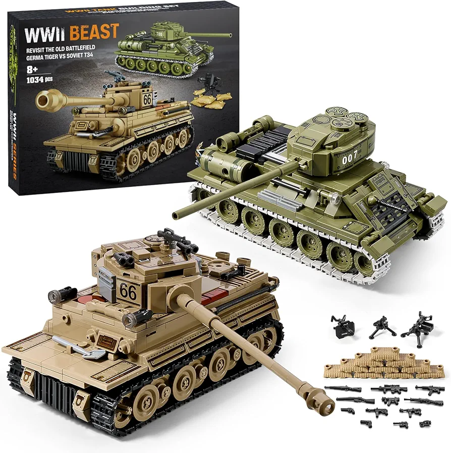 WW2 Army Tank Toys Building Kit, Create a German Tiger Tank & a Soviet T-34 Tank Models with 1034 Building Blocks, Great Military Gifts for Boys Kids Age 8+