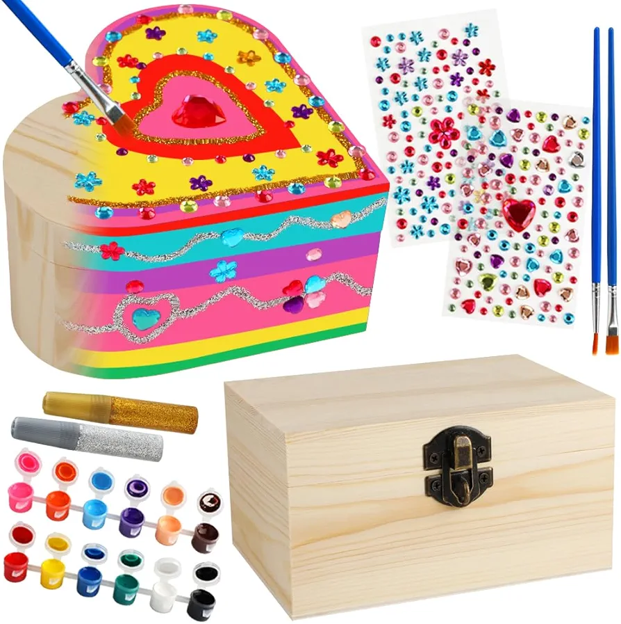 SUPREME XMAS Crafts for Girls Ages 8-12, 2 Pack Paint Your Own Wooden Jewelry Box Kit DIY Arts and Crafts Kit for Kids Ages 4-6 6-8 Creative Activity Toys Valentines Day Gifts Birthday Party Favors