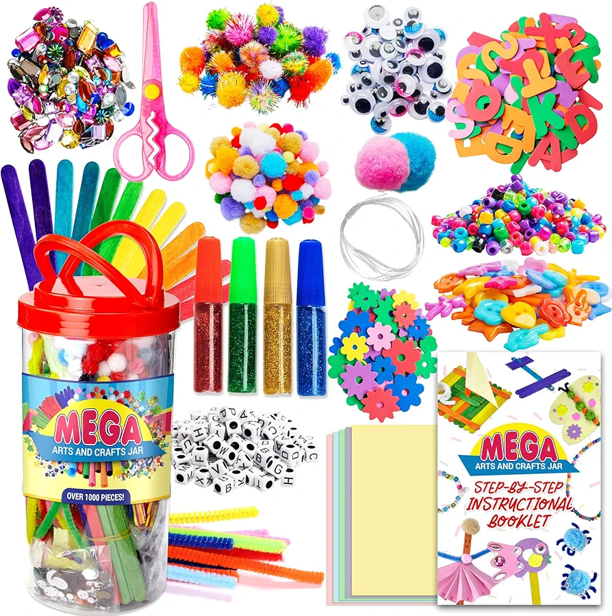 Mega Kids Crafts and Art Supplies Jar Kit - 1000+ Piece Set - Instructional Booklet Included - Glitter Glue, Construction Paper, Colored Popsicle Sticks, Googly Eyes, Pipe Cleaners