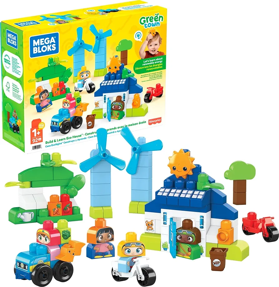 Mega BLOKS Fisher-Price Toddler Blocks Toy Set, Green Town Build ‘n Learn Eco House with 88 Pieces, 4 Figures, Ages 1+ Years