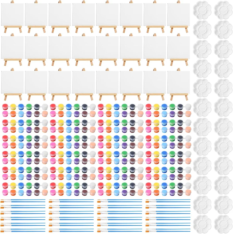 Qilery 24 Set Mini Canvas Panels and Easel Painting Kit, 12 Colors Acrylic Paint Strips, Paint Palettes, Painting Brush, Art Set for Kids Oil Paint Crafts Birthday Party Favors(4" X 4")