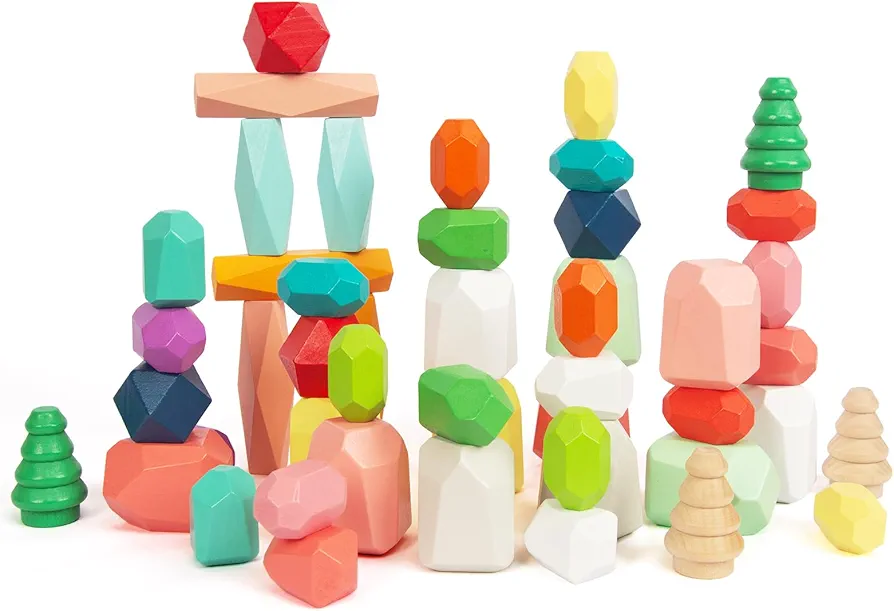 48 PCS Wooden Sorting Stacking Rocks Stones,Sensory Toddler Toys Learning Montessori STEM Toys, Building Blocks Game for Kids 3-6 Years Boy and Girl Birthday Gifts for Kids