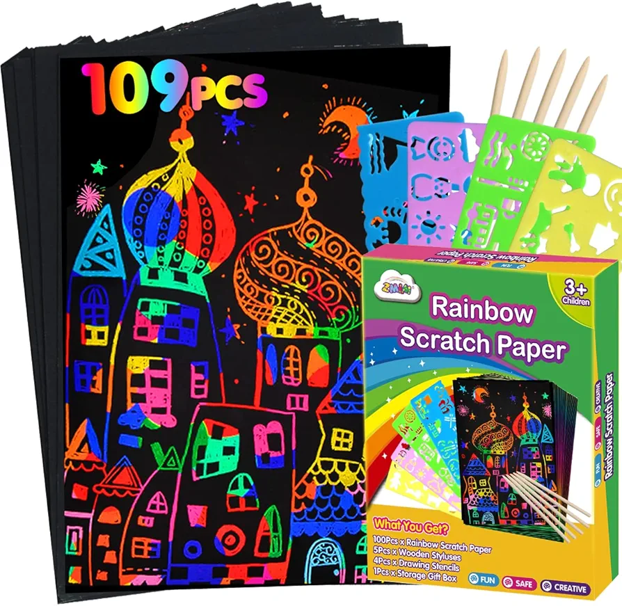 ZMLM Rainbow Scratch Paper Kit: 168Pcs Magic Art Craft Stuff Supplies Black Scratch off Paper for Age 3-12 Kids Children Girl Boy Christmas Birthday Gifts