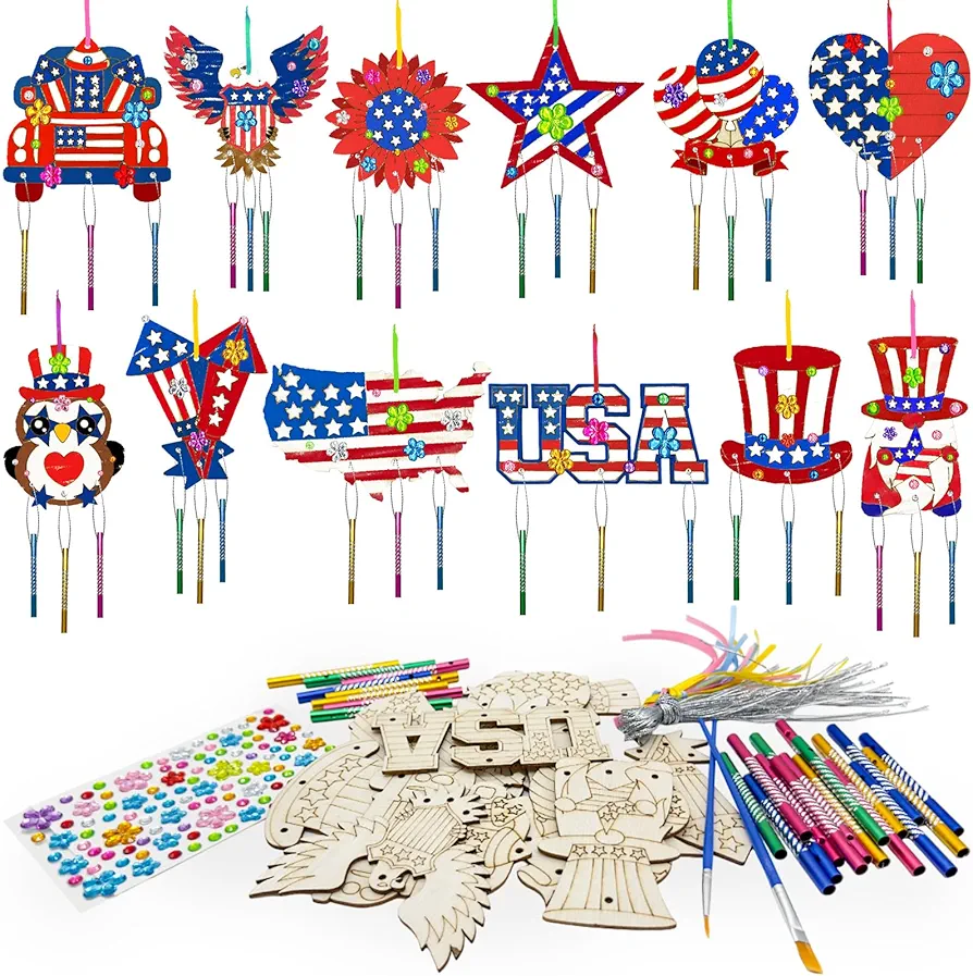 12 Pack Patriotic Activities,Paint 4th of July Party Favors Craft Wind Chime Kit Wooden Paint Arts DIY Coloring Craft for Independence Memorial Day Party Art Activity Supplies