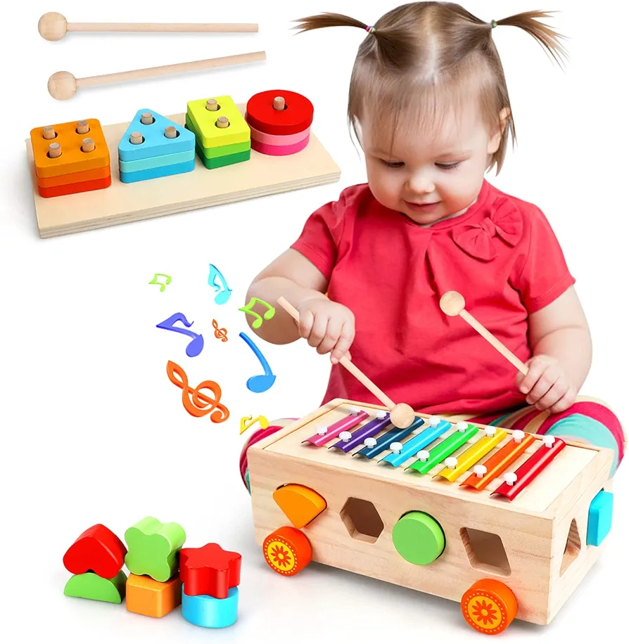 TOY Life 4 in 1 Baby Xylophone for Toddlers Wooden Hammering Pounding Toy Shape Sorter for Toddler Baby Toy 12-18 Month Sorting Toy Learning Block Sensory Wood Montessori Toys for 1 Year Old Gift