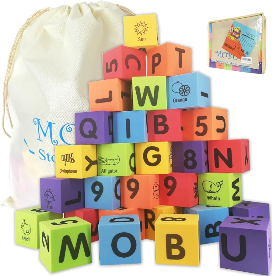 MOBU Foam Building Blocks for Toddlers,30 pcs Alphabet Blocks with Storage Bag,Learning Letter ABC, Numbers 0-9, Stacking Blocks for Kids