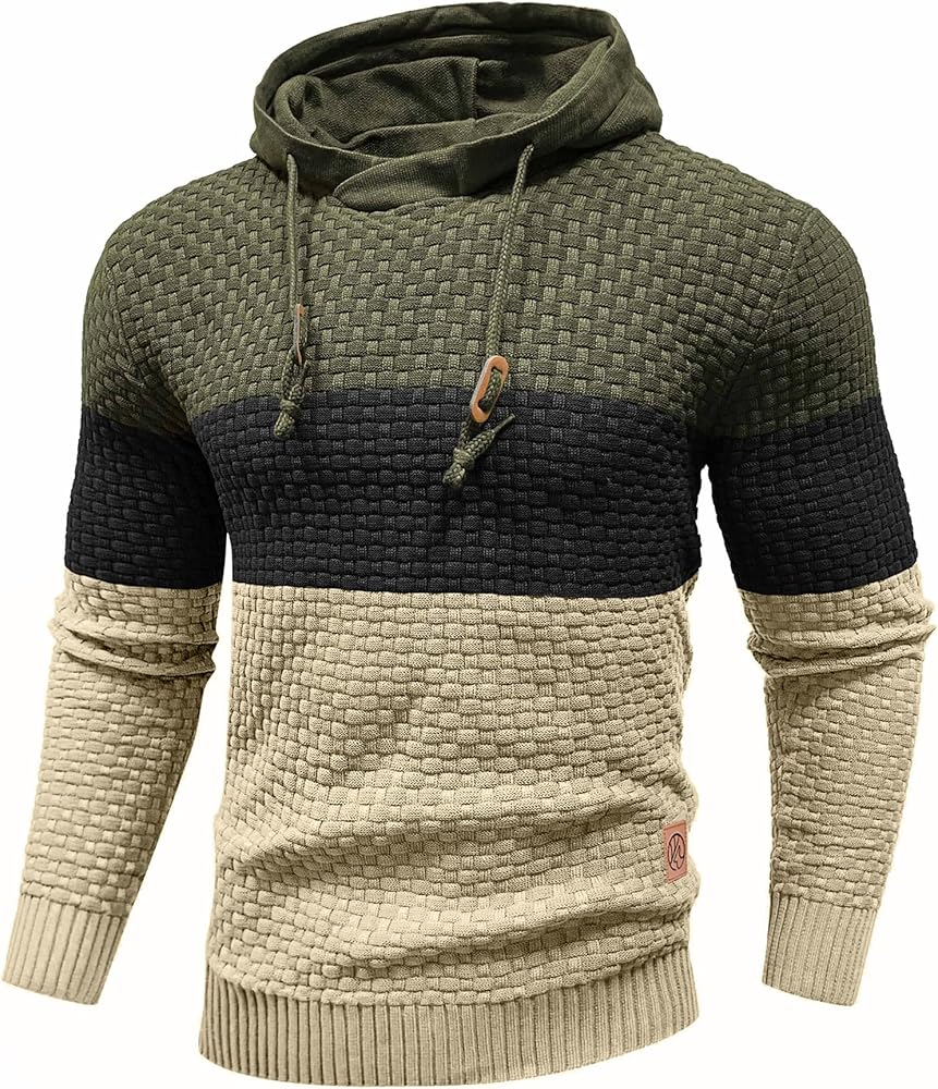 Zaitun Mens Hooded Sweatshirt Long Sleeve Solid Knitted Hoodie Pullover Sweater