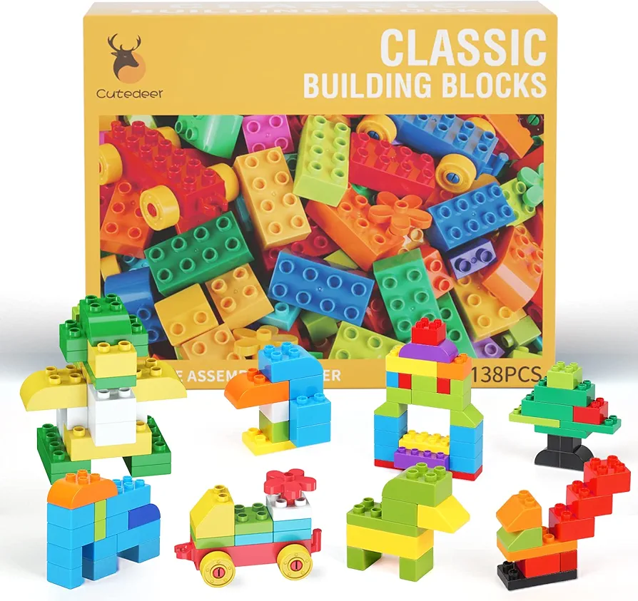 Cutedeer 138 Piece Building Blocks for Kids Toddlers, Classic Big Bricks Set Compatible with All Major Brands, STEM Large Building Toys with Gift Box for All Ages Boys Girls