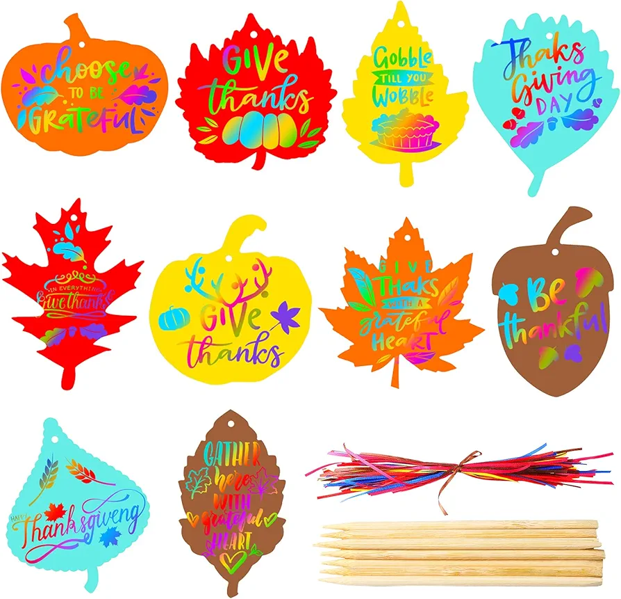 60 Pieces Thanksgiving Scratch Paper Art Set, Fall Scratch Craft Art Colorful Fall Leaves with 60 Pcs Colored Ribbons 10 Pcs Sticks for Kids Autumn DIY Supplies