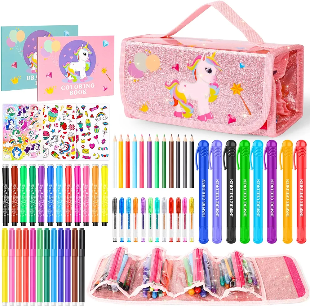 Rocamdo Fruit Scented Washable Markers Set, Art Colored Pencil Case, Glitter Coloring Pens Drawing Kit Stuff 63PCS Art Supplies for Kids Ages 4-6-8, Birthday Gifts for Teens Girls 4 5 6 7 8 9 Year Old