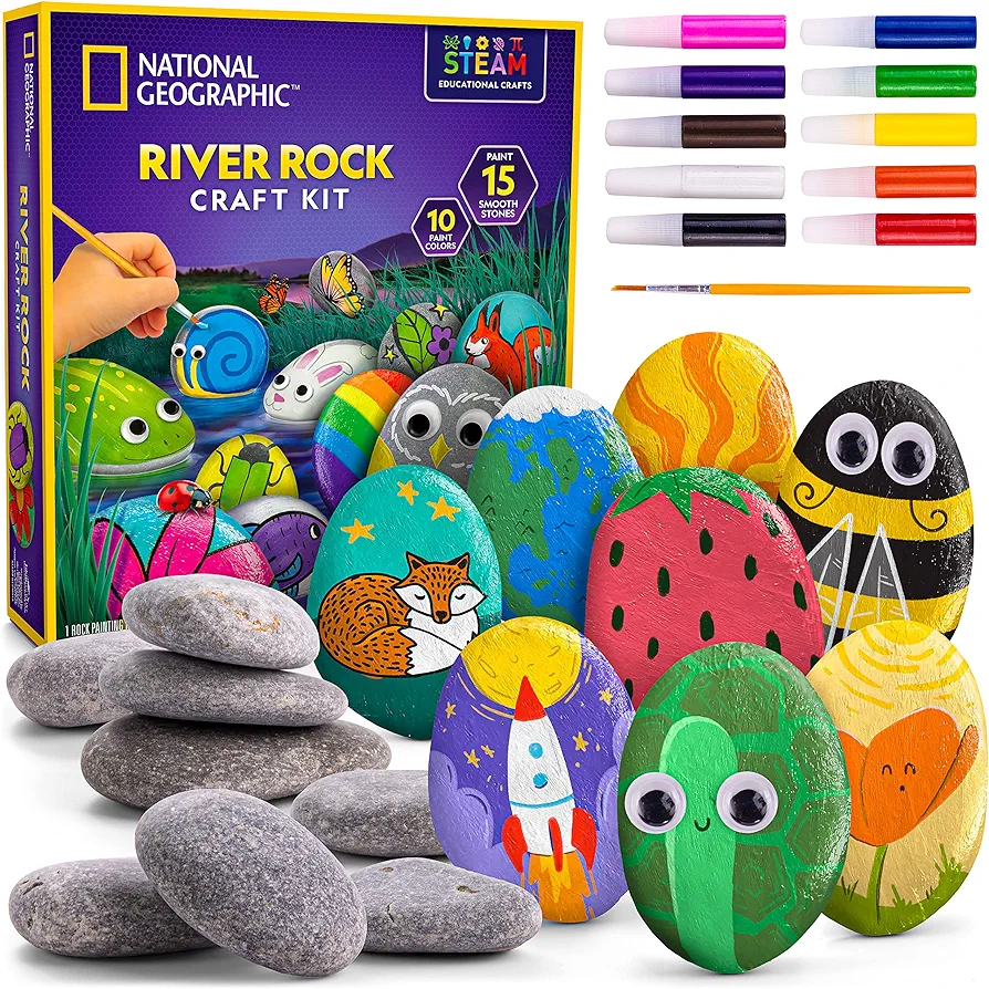 NATIONAL GEOGRAPHIC Rock Painting Kit - Arts and Crafts Kit for Kids, Paint & Decorate 15 River Rocks with 10 Paint Colors & More Art Supplies, Outdoor Toys for Girls and Boys (Amazon Exclusive)