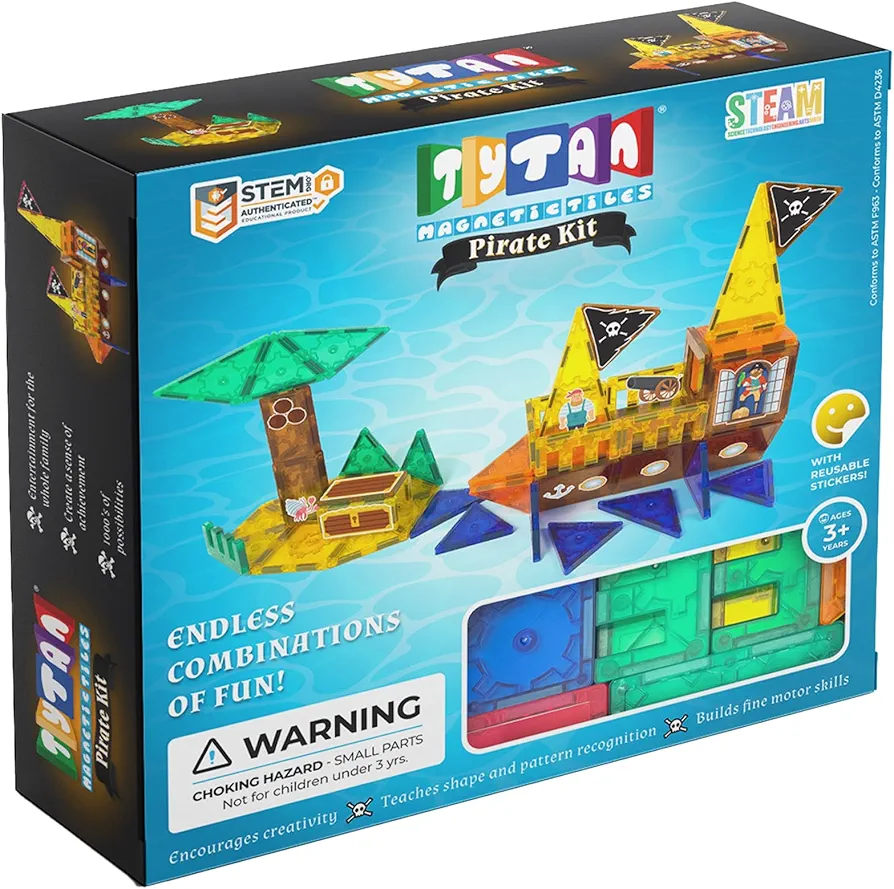 Tytan TILES Pirate Ship & Island 60-Piece Magnetic Tiles Building Set, Fun Kids’ STEM Toy, Creative Play, Shape & Pattern Recognition, Fine Motor Skills, includes Storage Bag, Ages 3 and Up