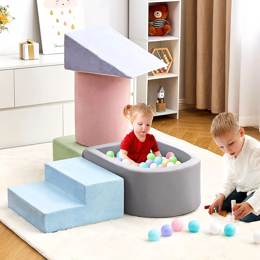 RELIANCER 5PCS Toddler Climbing Toys with Ball Pit,Climb & Crawl Foam Block Play Set,Kids Modular Foam Climbing Blocks,Interactive Soft Building Blocks Toy Set,Indoor Children Climb and Slide Game Set