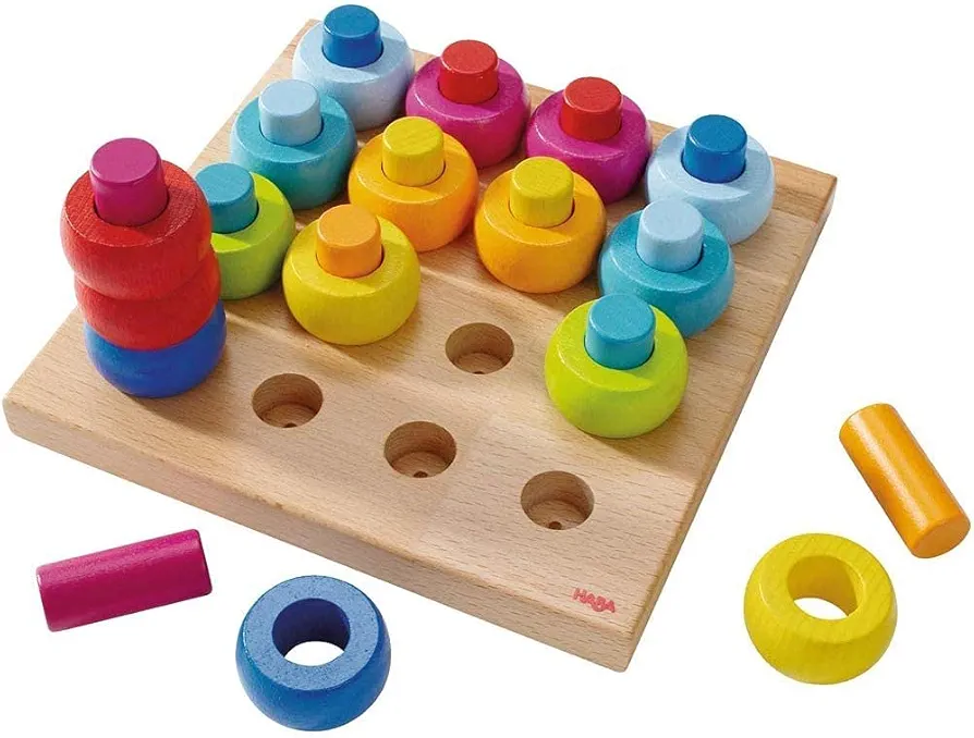 HABA Rainbow Whirls Wooden Sorting & Stacking Rings - Encourages Fine Motor Skills, Color Recognition and Patterns (Made in Germany)