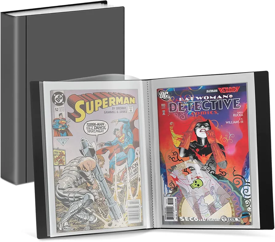 Dunwell Comic Book Storage Album - For Current, Silver Age, Regular Comics Bagged and Boarded, Binder with 6 Super Heavyweight Sleeves, Clear View Cover and Spine, Acid-Free, Gift for Comic Collectors