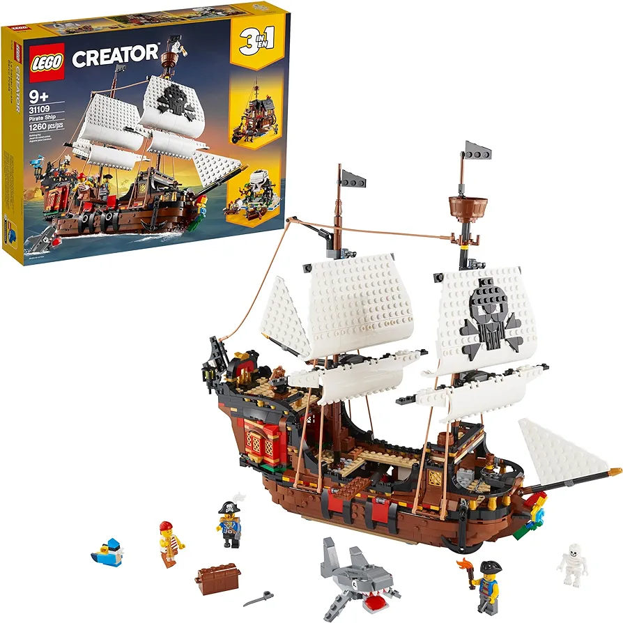 LEGO Creator 3 in 1 Pirate Ship Building Set, Kids can Rebuild The Pirate Ship into an Inn or Skull Island, Features 4 Minifigures and Shark Toy, Makes a Great Gift for Kids Ages 9+ Years Old, 31109