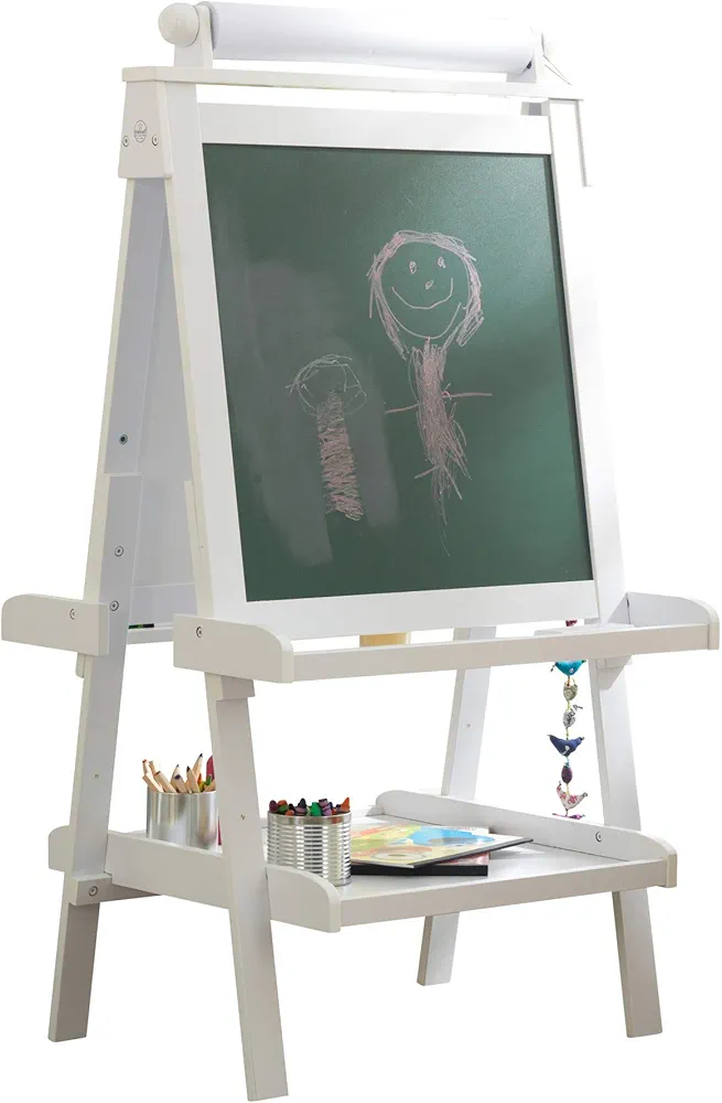 KidKraft Deluxe Wooden Easel with Chalkboard and Dry Erase Surfaces, Paper Roll and Paint Cups - White, Gift for Ages 3+