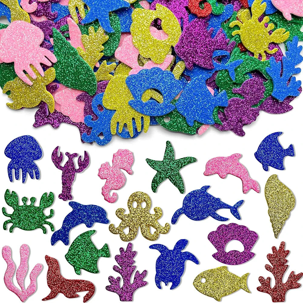 QSCFKL 350 Pieces Ocean Sea Animal Foam Stickers, Glitter Colorful Sea Animals Shapes Foam Stickers, Self-Adhesive Foam Stickers for Arts Crafts Ocean Theme Party Favors Decoration Home DIY Supplies