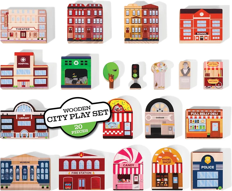 20 Pc Wooden City Play Set - Wooden Town Buildings and Street Signs for Play Mats, Toy Cars and Trains - Educational Preschool Track Accessories - Construction Stacking Blocks Learning Toddler Toys