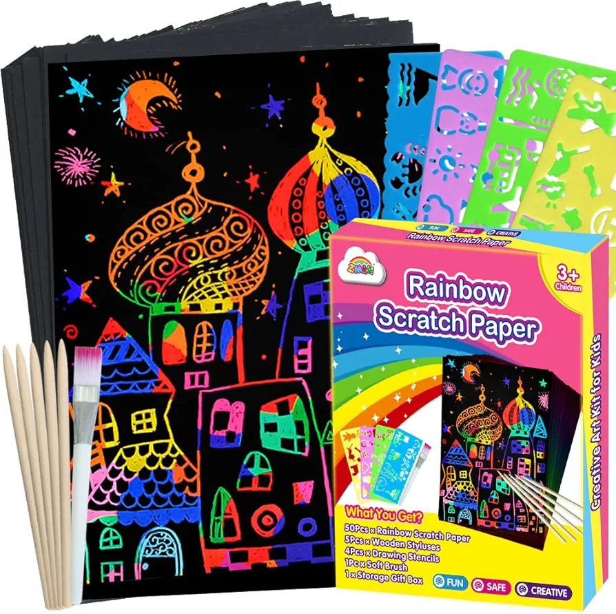 ZMLM Scratch Paper Art-Crafts Gift: Bulk Rainbow Magic Paper Supplies Toys for 3 4 5 6 7 8 9 10 Years Old Girls Kids Favors Gifts for Birthday Halloween Christmas Party Games Projects Kits