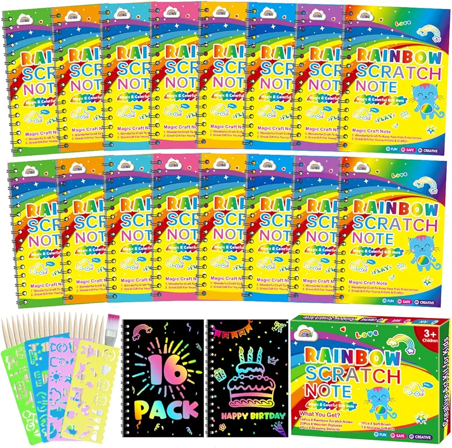 ZMLM 16 Pack Scratch Paper Art-Craft Notebooks: Rainbow Party Favors Bulk Scratch Note Pad for Kids Age 3-12 Black Art Supplies Girl Boy Birthday Gift Classroom(20 Wooden Stylus & 4 Drawing Stencils)