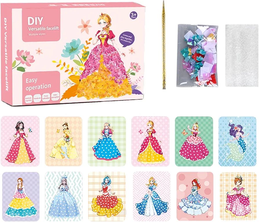 Arts and Crafts Kits for Girls,12 Sheets DIY Princesses Puncture Painting Board Poke Craft Kit Gifts for Age 3-8,Creative Puzzle Puncture Painting DIY Poking and Painting Craft Kit.