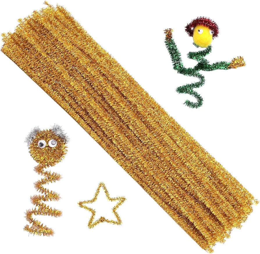 100 Pieces Pipe Cleaners Chenille Stem, Glitter Gold Pipe Cleaners Set for Pipe Cleaners DIY Arts Crafts Decorations, Chenille Stems Pipe Cleaners (Glitter Gold)