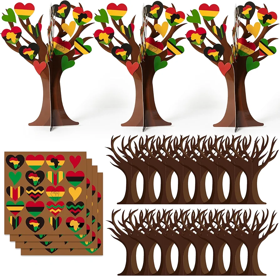 WATINC 16Pcs Juneteeth Heart Tree Craft Kits, Make Your Own African Freedom Heart Trees Decoration, DIY Juneteeth Black Holiday Celebration Craft Supplies Home School Fun Activity for Kids