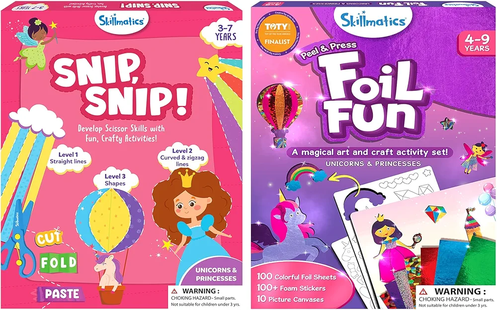 Skillmatics Snip, Snip Unicorns & Princesses & Foil Fun Unicorns & Princesses Theme Bundle, Art & Craft Kits, DIY Activities for Kids