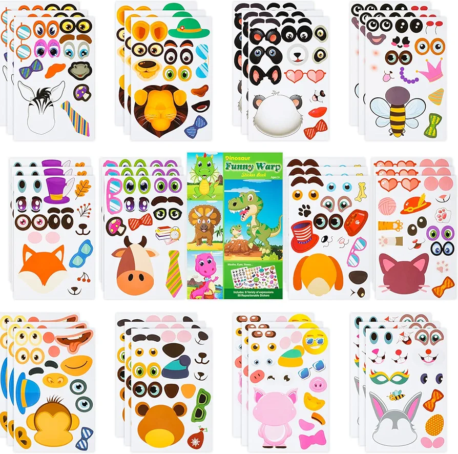 Make a Face Sticker for Kids 42 Sheets Make Your Own Animal Face Stickers 12 Animals and 6 Dinosaur Sticker Pads Set Gift of Festival Party Favor Supplies Art Craft Boys Girls School Reward