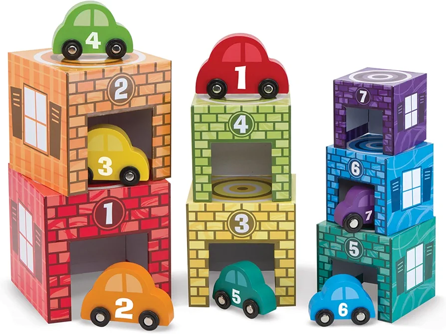 Melissa & Doug Nesting and Sorting Garages and Cars With 7 Graduated Garages and 7 Stackable Wooden Cars - FSC Certified