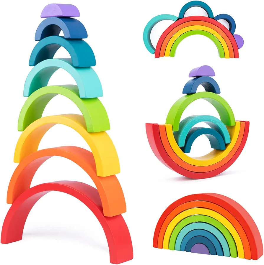 TOOKYLAND Wooden Rainbow Stacking Toy - 8pcs Nesting Blocks Game, Ages 18m+