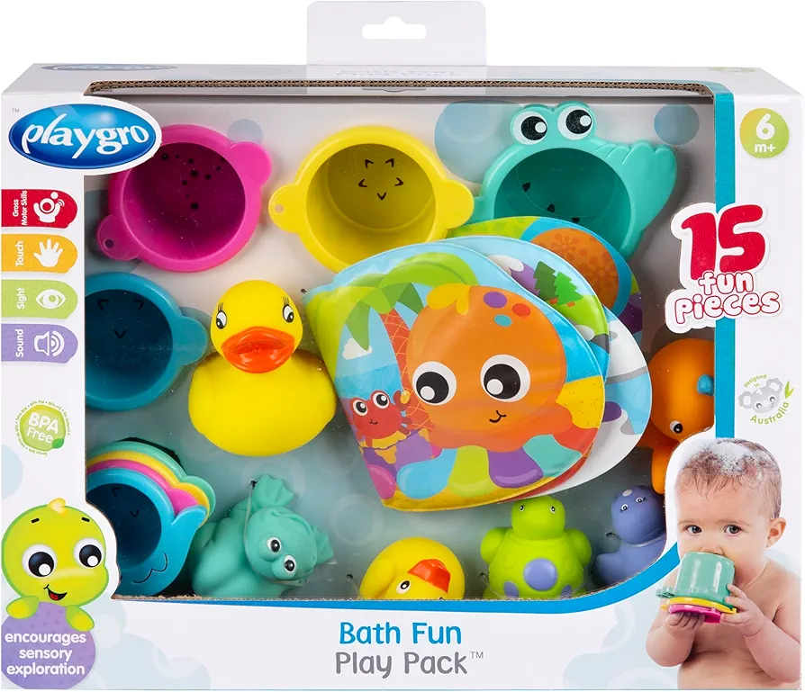 Playgro Splash & Play Bath Set - 15-Piece Baby Bath Time Fun with Stacking Cups, Waterproof Book, Squirties, Mesh Bag, and Bath Duckie - Toddler Bath Toys for Engaging Bathtime Adventures!