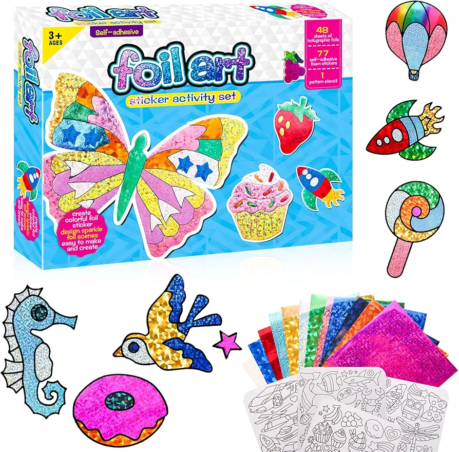 Foil Art Kit for Kids - Foil Fun Craft Kits & Supplies, No Mess Art for Kids, Foil Foam Stickers Art Craft Activity for Kids, DIY Creative Activity Birthday Christmas Gift Travel Toys for Girls Boys