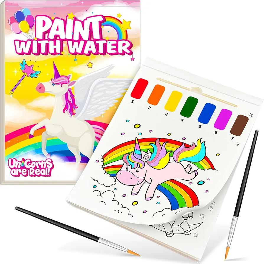 Paint with Water Books for Kids, Unicorns Watercolor Painting Book Kit for Kids, No Mess Water Color Paint Set Art Activity, Craft Kits Gift for Boys & Girls Ages 3 4 5 6 7 8, with 2 Brushes