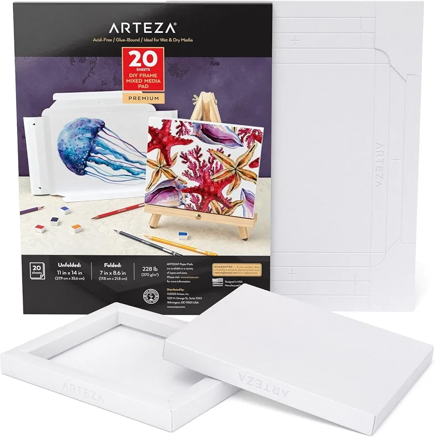 ARTEZA Mixed Media Paper Foldable Canvas Pad, 7x8.6 Inches, 20 Sheets, DIY Frame