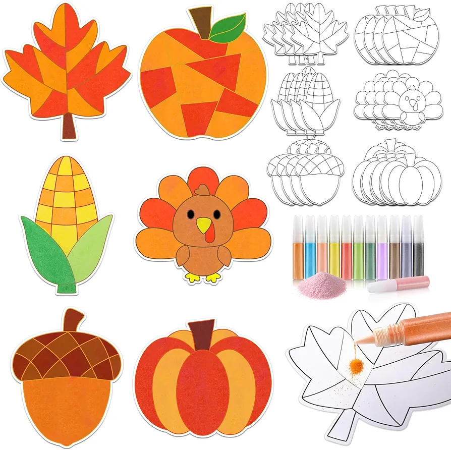 Relaxgiant 24 Sets Fall Sand Art Craft Kit Autumn Maple Leaf Pumpkin Painting Kit with Colored Sand Brushes Create Your Own Sand Art DIY Sand Art Kit for Kids Thanksgiving Party Fun Home Activities