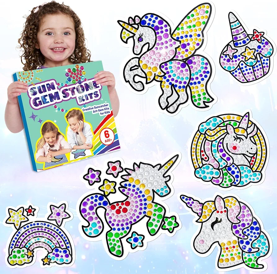 Yazhiji 6 Sheets Unicorn Diamond Window Art Craft Kits for Kids, Suncatcher Set for Ages 6 7 8 9 10 11 12 DIY Painting for Girls or Boys Six+ Years Old Gemstone Sticker as Party Favor Decor