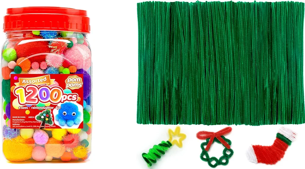 1200pcs pom poms+200pcs Christmas Green Pipe Cleaners, Art and Craft Supplies