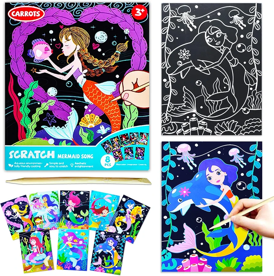 BAOXUE Scratch Art for Kids, Mermaids Black Rainbow Scratch Paper Set-Arts and Crafts & Supplies, DIY Activity & Party Games, Mermaid Toys Gifts for Toddlers, Girls