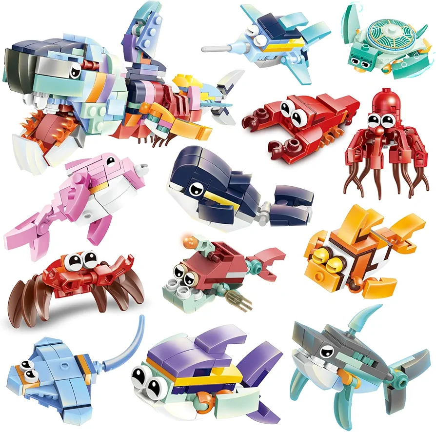 Party Favors for Kids - 12 Pack Ocean Animals Building Blocks Sets for Goodie Bags Stocking Stuffers Classroom Prizes Building Set, Birthday Gifts for Kid Ages 6+