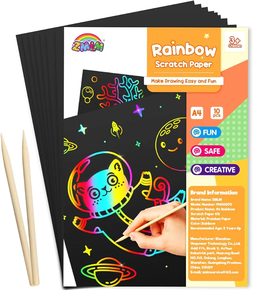 ZMLM Scratch Paper Art Crafts - Classroom Must Haves Supplies - No Mess Art for Kids - Fun Creative Activity Game - Gifts for Girls and Boys Age 4 5 6 7 8 9+ Travel Toys (A4 11.69 x 8.27 Inches)