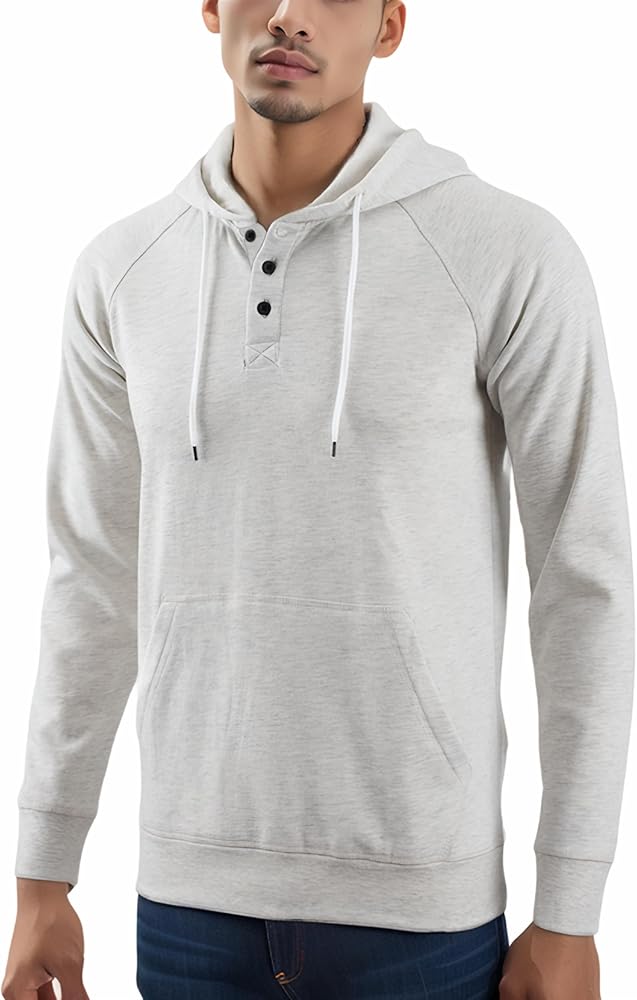 Men's Casual Long Sleeve Henley Sweatshirt Knit Fleece Active Sports Hoodie Pullover