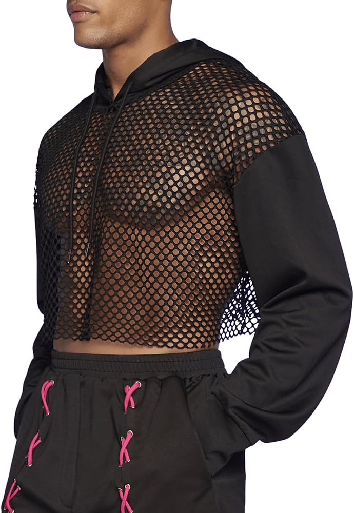 GORGLITTER Men's Fishnet Long Sleeve Drawstring Crop Hoodie Sexy Sheer Hoodes Sweatshirt