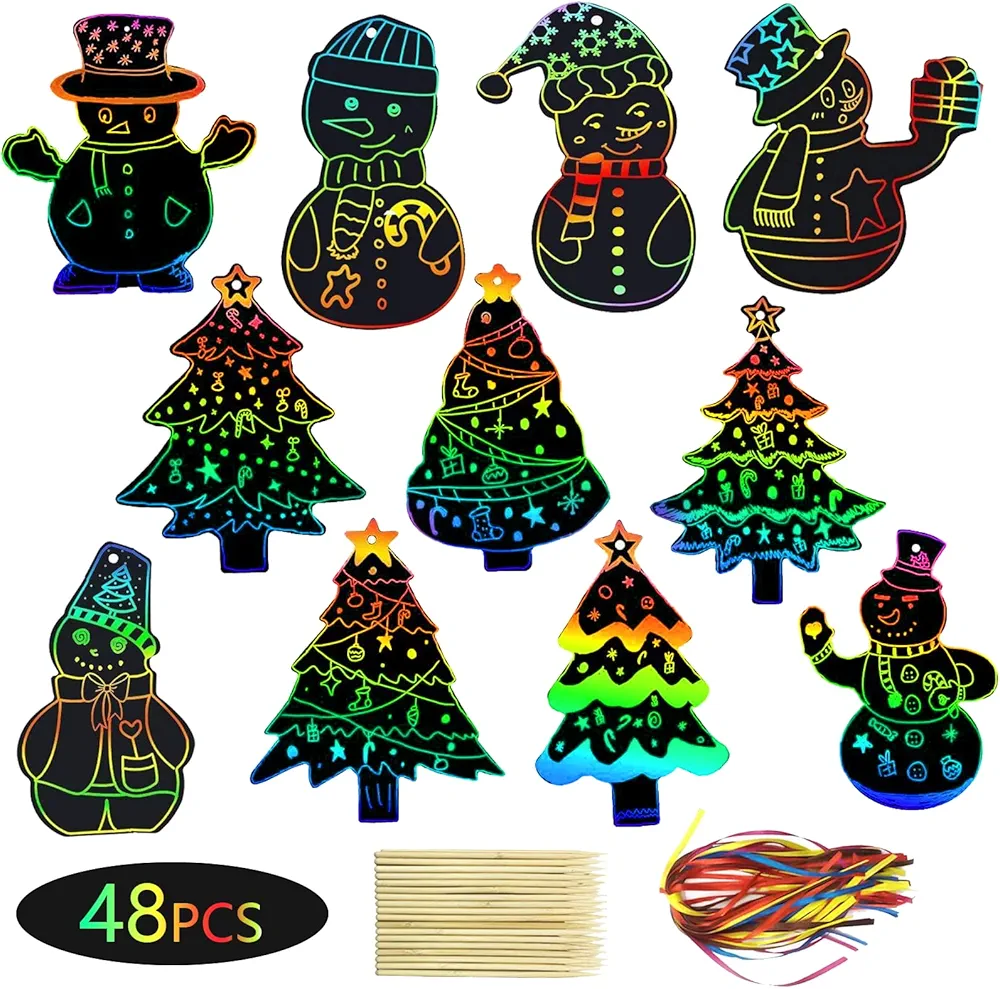 48Pcs Rainbow Scratch Colorful Christmas Ornaments, Magic Scratch Off Cards with 48Pcs Ribbons & 24Pcs Wooden Styluses Christmas Hanging Art Crafts Party Supplies for Xmas Tree Classroom Decorations