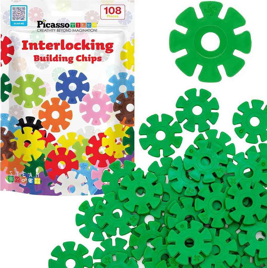 PicassoTiles Building Chip Interlocking Disc Construction Blocks in Green Color STEM Learning Early Education Toy Engineering Playset Child Brain Development for Toddlers Girls Boys Kids Age 3+ PTF108