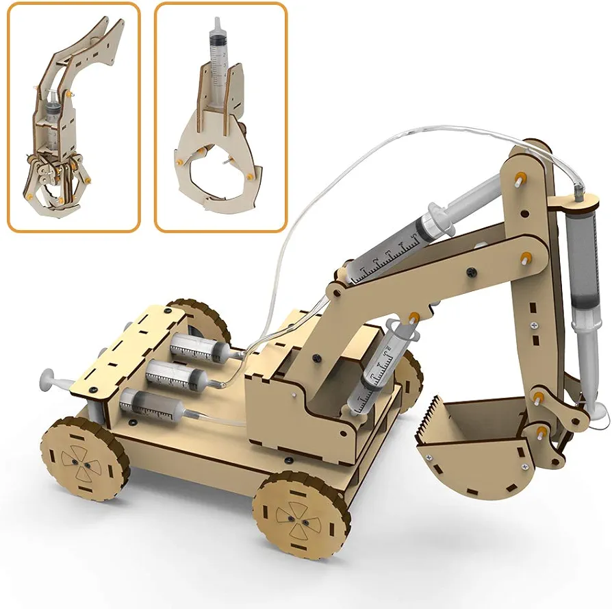 Mini Tudou 3D Wooden Construction Excavator Vehicle Toys Set, STEM Science Kit with Air Pressure System to Build A Wood Excavator Model Including 3 Replaceable Gripper & Digger for Kids Boys Girls