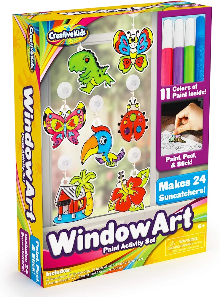 Creative Kids Window Paint Art Kit – Make Your Own Suncatchers Set – 24 Sun Catchers, 24 Suction Cups & 11 Paints – Suncatchers for Kids to Paint - DIY Window & Mirror Arts & Crafts Kit Children